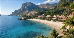 Illustrative coastal resort overlooking turquoise water
