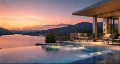 Illustrative wellness retreat with a sunset infinity pool